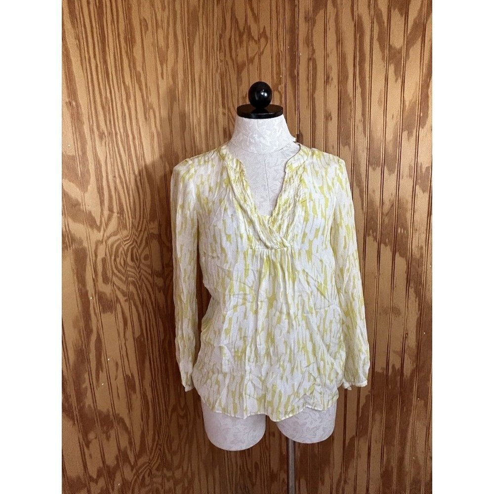 Boden Long Sleeve Top V-Neck‎ Green & White Geometric SILK US 2 Thin